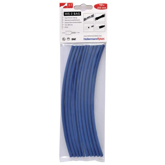 Hellermann Tyton HIS-3 Bag 6/2 Krympslang 6/2 x 200 mm, 10-pack Blå