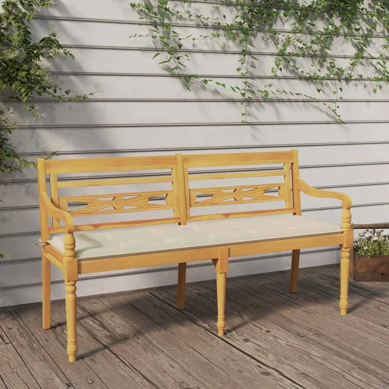 vidaXL Bataviabänk med gräddvit dyna 150 cm massiv teak (#8586)