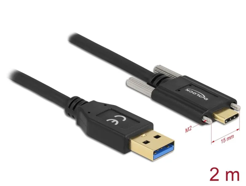 Delock USB-A till USB-C-kabel 10 Gbps med skruvar på sidorna, 2 m