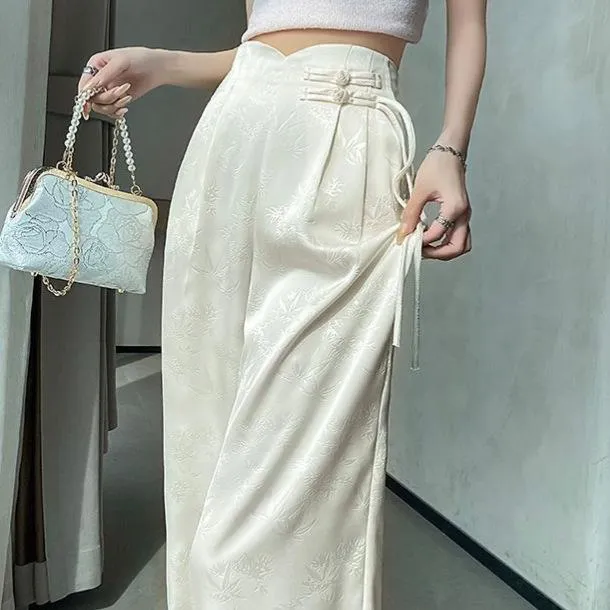 Nye kinesiske sateng jacquard dressbukser for kvinner Vår og sommer Nye høye midje løse rette knapper vide ben M