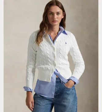 Polo Ralph Lauren för kvinnor. 211971868007 Bomullscardigan i vit åttondelsstickning (S), Casual