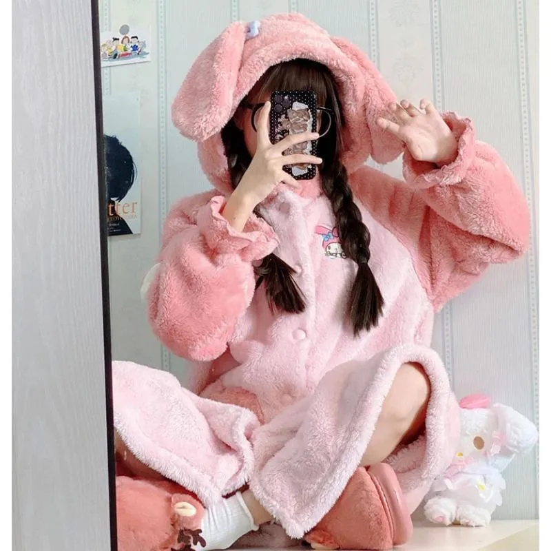 Søt Prinsesse Pyjamas med Hette Dame Vinter Korallfløyel Tykk Søt Morgenkåpe Nattkjole Rosa Kawaii Tegneserie Nattkjole Hjemmeklær S Rosa