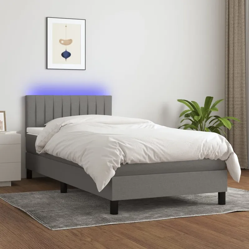 Resårbädd med madrass & LED Mörkgrå 90×200 cm Tyg (#8106)