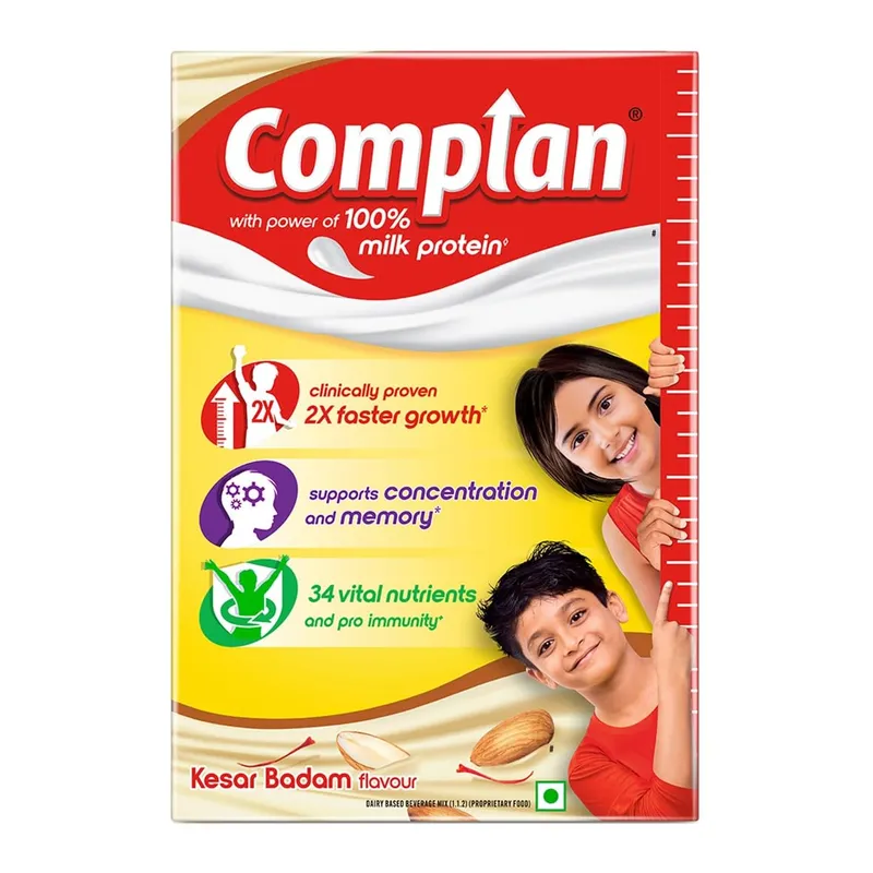 Complan Kesar Badam Näringsdryckspulver för Barn 500 g Kartong med Gratis Shaker, Protein & 34 Näringsämnen