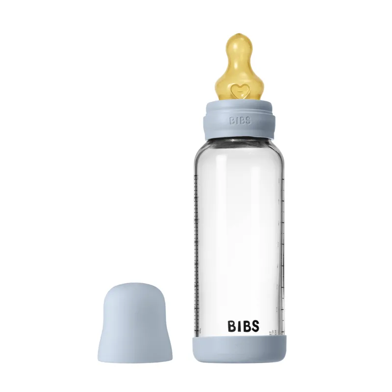 BIBS Glass Baby Bottle Round Latex Medium Flow Baby Blue 240 ml