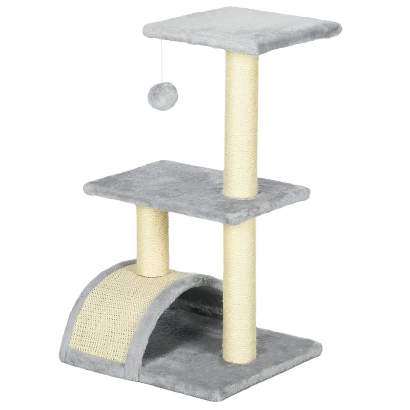 Kattträd 72 cm katttorn med plyschbollar, sisalstolpar, plattform, skrapbräda ljusgrå