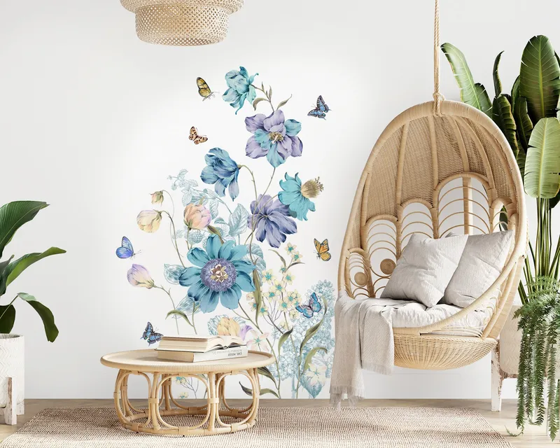Väggdekal - Blå blommor och fjäril
