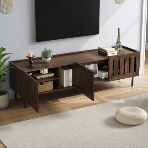 160x40x47 cm Lowboard, Minimalistisk TV-bänk i Valnötsfärg, TV-stativ med genombruten design, Passar för 65-tums TV, MDF