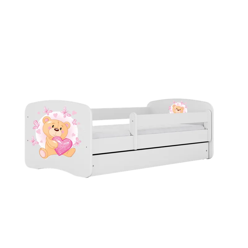 Babydreams juniorsäng med nallebjörn och fjärilar, med madrass, stödbräda, låda - vit laminat (140×70)