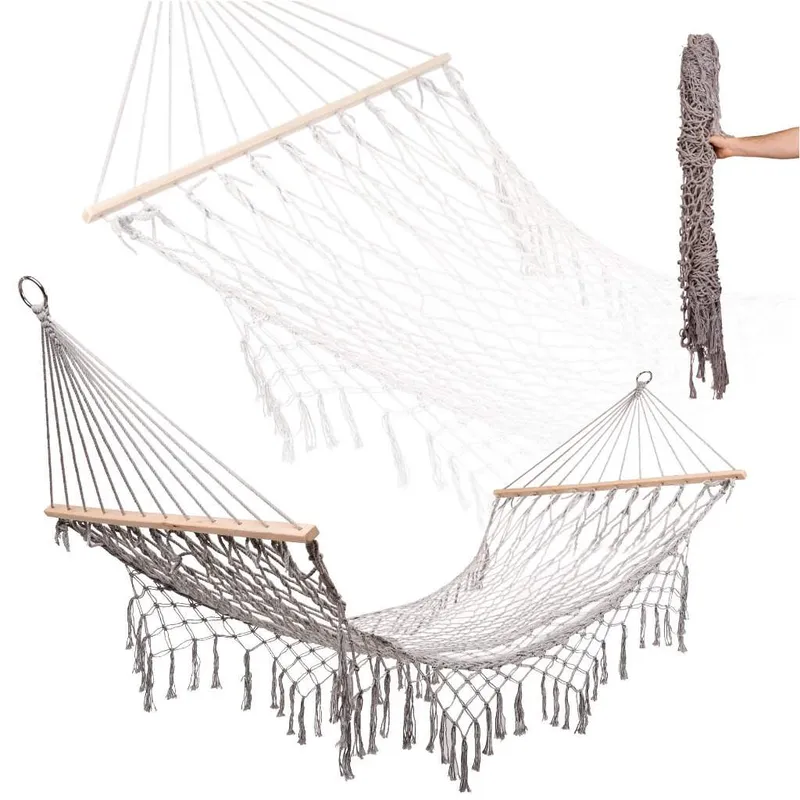Trädgårdshängmatta boho mesh tofs 200cm grå