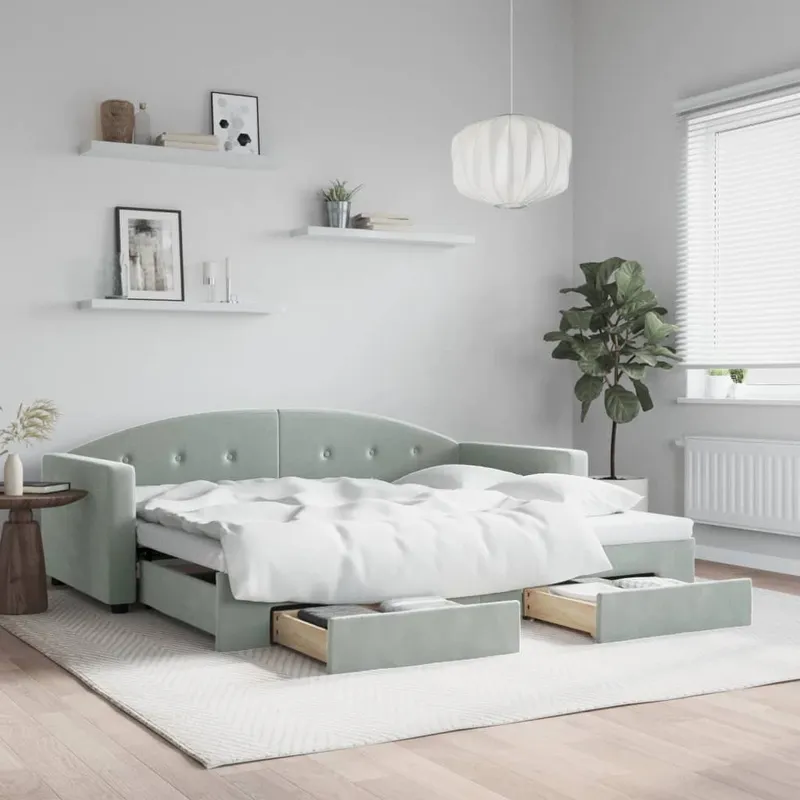 vidaXL Dagbädd utdragbar med lådor ljusgrå 90×190 cm sammet (#7364)