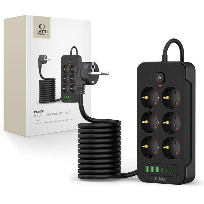 Tech-Protect Grenuttag med 6 uttag 240V, 3 USB-A och 3 USB-C - Svart