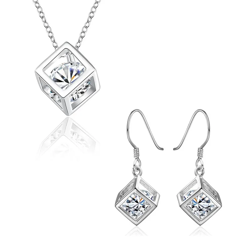 925 Sterling sølv fine smykkesett Zirconia firkantet krystallkube anheng Halskjede øredobber Smykkesett for kvinner Gave 2-delt