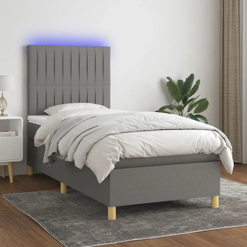 vidaXL Ramsäng med madrass & LED mörkgrå 90×190 cm tyg (#0824)