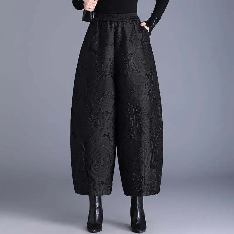 Vinter Stor Størrelse Dame Jacquard Vide Ben Bukser Casual Varm Dun Bomull Bukser Nine-point Bloomers Støvler 4XL