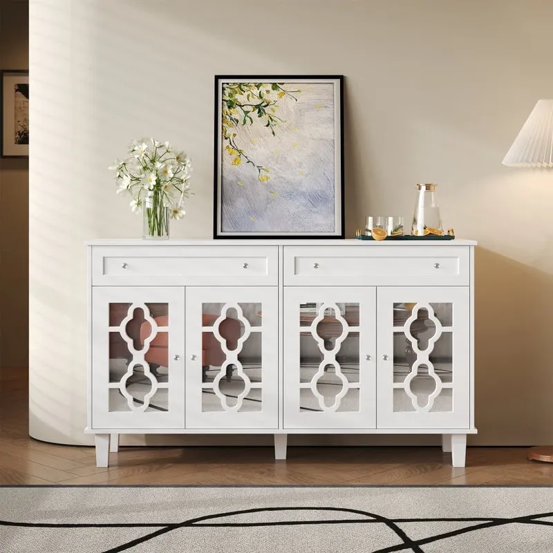 Sideboard med 4 spegeldörrar, lådor, justerbara hyllor och kristallhandtag