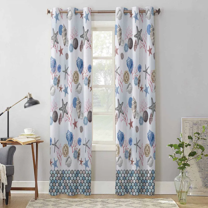 Havskjell Sjøstjerne Fiskeskjell Gardiner for Soverom Stue Vindusgardinbehandlinger Persienner Kjøkken Hjemmeinnredning Draperier 135W x 60H(cm) x1