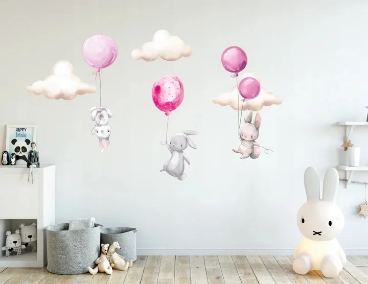 Väggdekal – Kaniner med ballonger och moln / Rosa