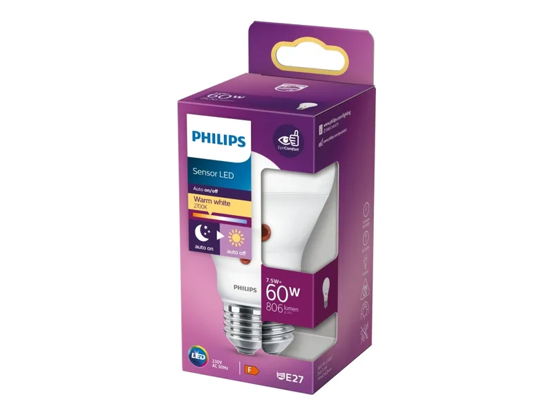 Philips Sensor LED - LED-glödlampa - form: A60 - glaserad finish - E27 - 7.5 W (motsvarande 60 W) - klass F - varmt vitt ljus - 2700 K