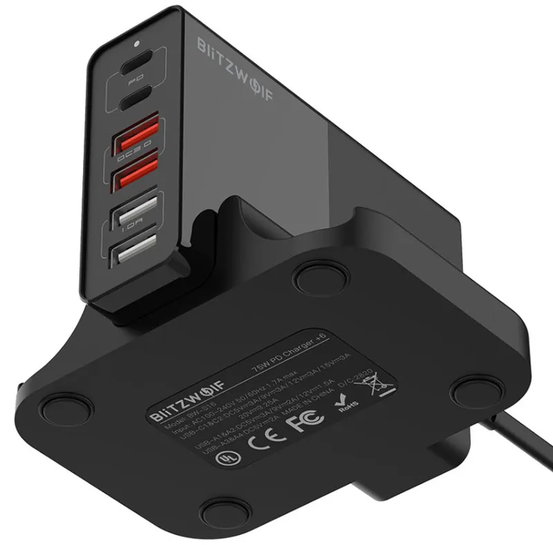 BW-S16 6x USB Laddare QC 3.0, PD3.0, 75W - Svart