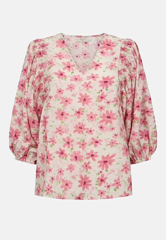 Blommig, vävd blus med smockdetalj (#9624)