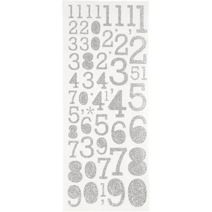 Glitterstickers Siffror, 10x24 cm, 2 ark, silver