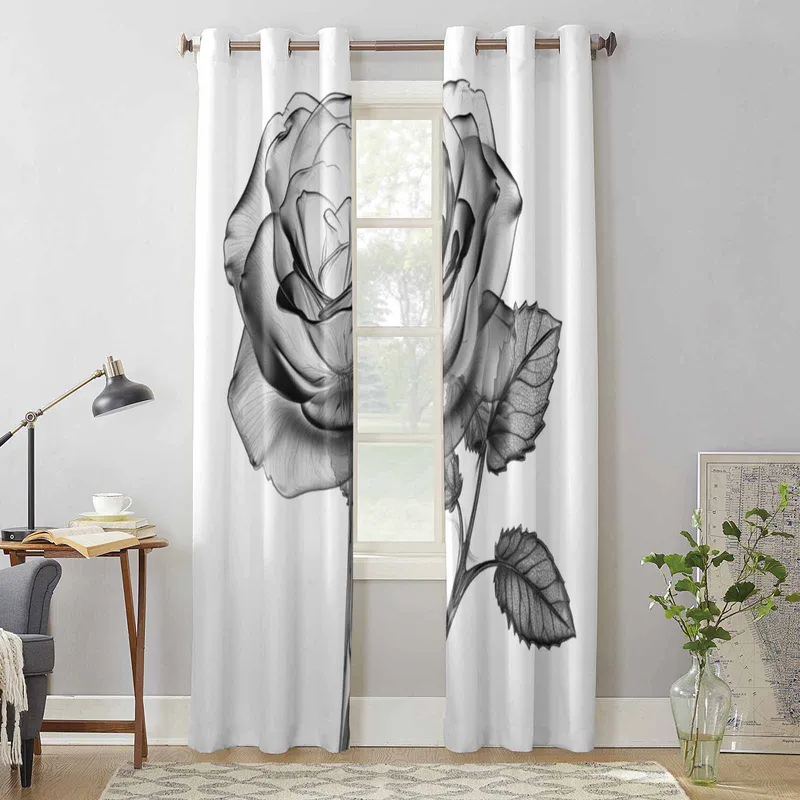 Rose Svart og Hvite Vindusgardiner for Stue Soverom Gardin Moderne Kjøkken Persienner Draperier Gardiner 135W x 60H(cm) x1 (#8270)
