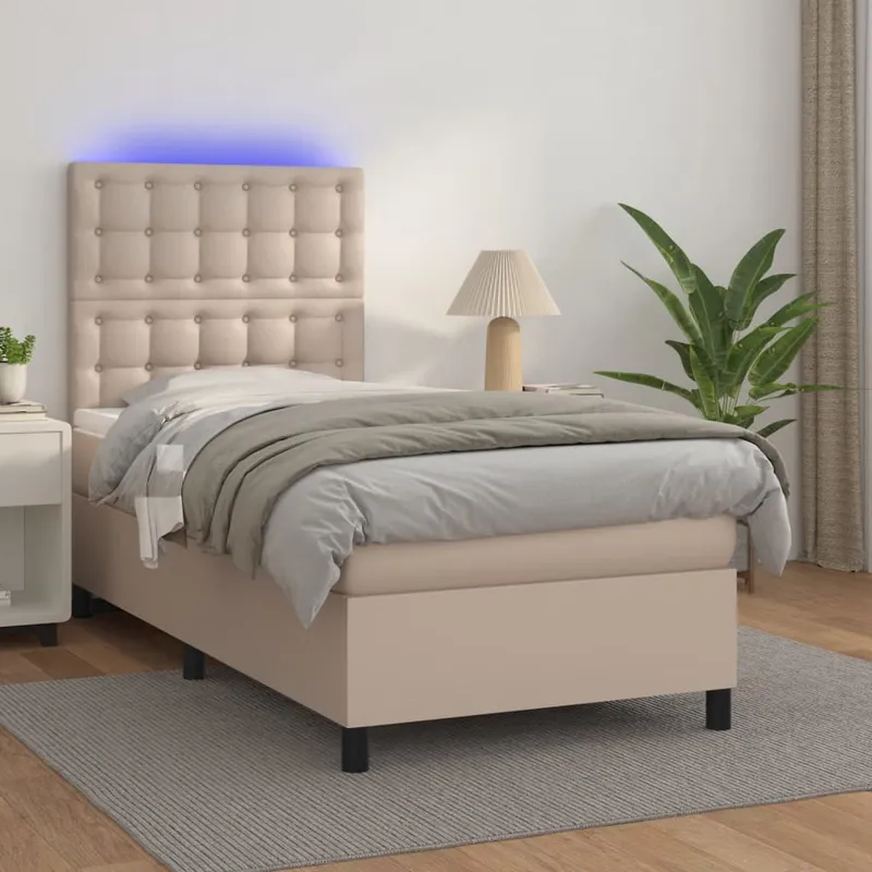 vidaXL Ramsäng med bäddmadrass & LED cappuccino 90×190 cm konstläder (#4440)
