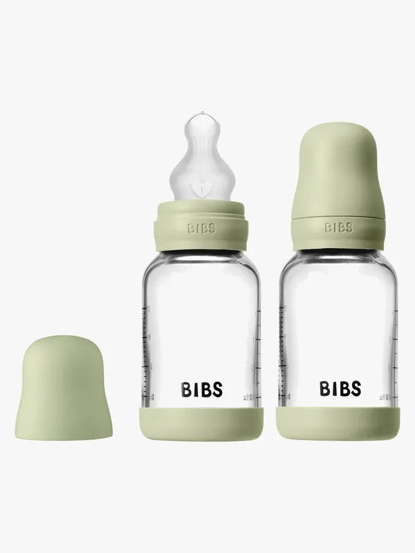BIBS Glass Baby Bottle Round Silicone Slow Flow Sage 120 ml 2-pack