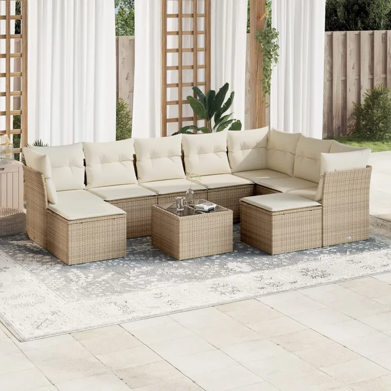 vidaXL Soffgrupp för trädgård med dynor 10 delar beige konstrotting (#3924)
