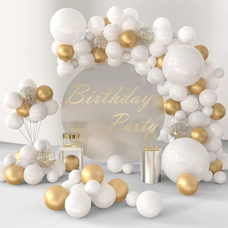 108 st Vit Guld Ballonggirlang Båge Kit Grattis på Födelsedagen Festdekoration Barn Bröllop Födelsedagsballong Latexballong Babyshower