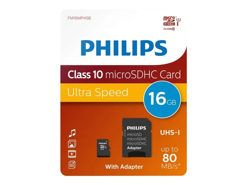 Philips FM16MP45B – Flash-minneskort (microSDHC- till SD-adapter ingår) – 16 GB – Klass 10 – microSDHC UHS-I