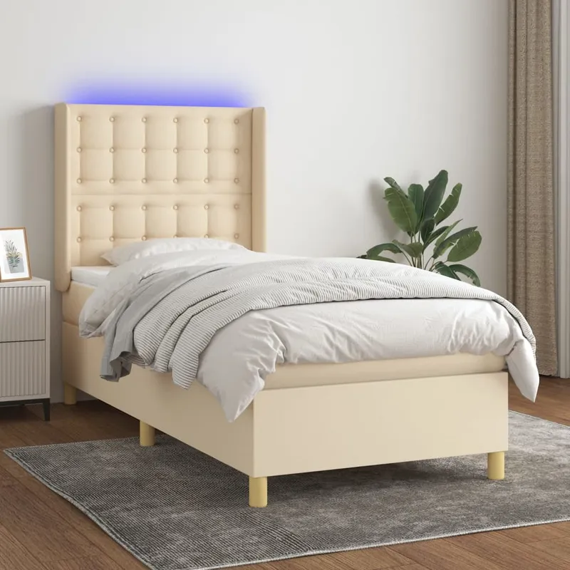 vidaXL Ramsäng med madrass & LED gräddvit 100×200 cm tyg (#7872)