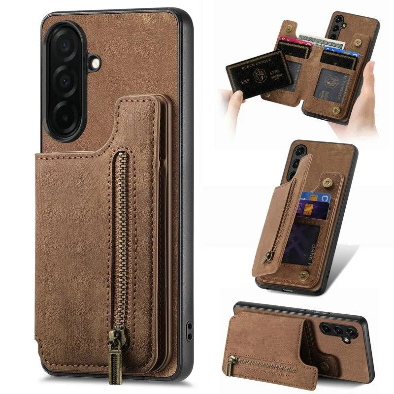 Mobilfodral för Samsung Galaxy S26 Plus Konstläder med kortfack – Brun