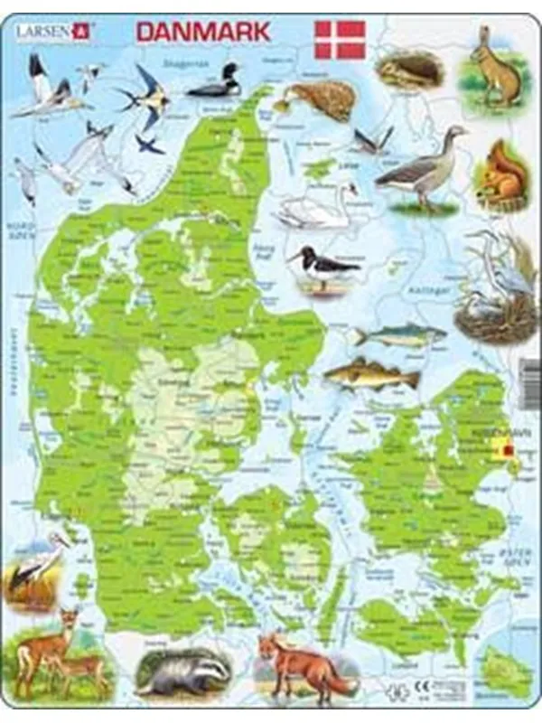 Larsen Puzzles Pussel Danmark fysiskt med djur - 66 bitar, Max 2D Pussel