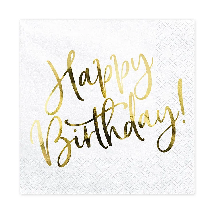 Servetter | 20-pack | ”Happy Birthday” | Vita med guldtext