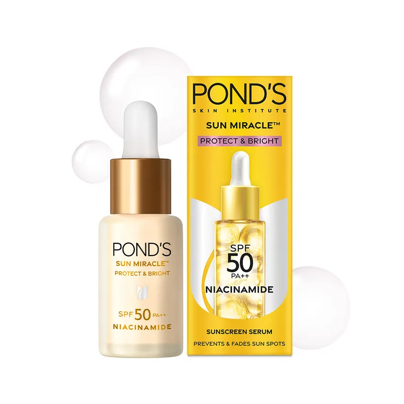 Pond’s Serum Boost Solskydd SPF 50 Med Niacinamid C, Förebygger Mörka Fläckar, Ljusnar Upp Huden, Lättviktigt, Inga Vita Rester, 14ml