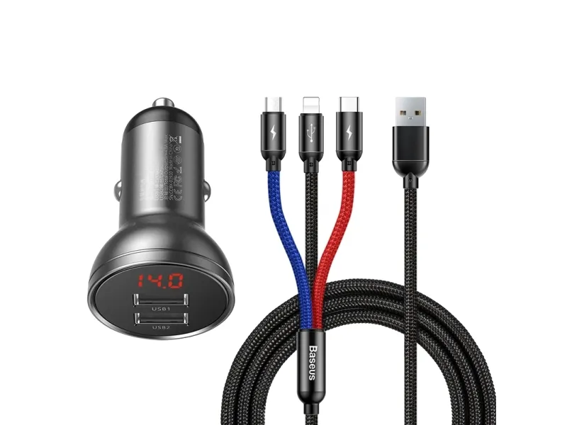 Baseus Billaddare 24W 3in1 microUSB-C Lightning Kabel 1.2m – Svart