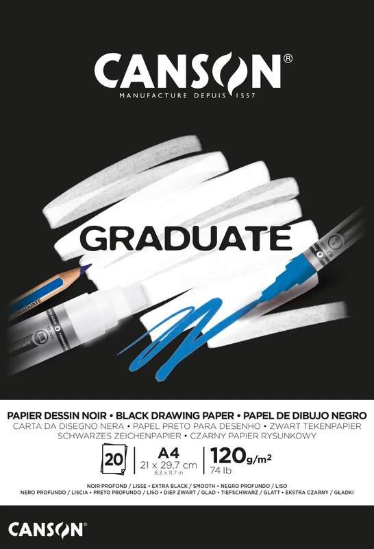 Ritpapper A4 block Svart, 20 ark 120g, Canson Graduate