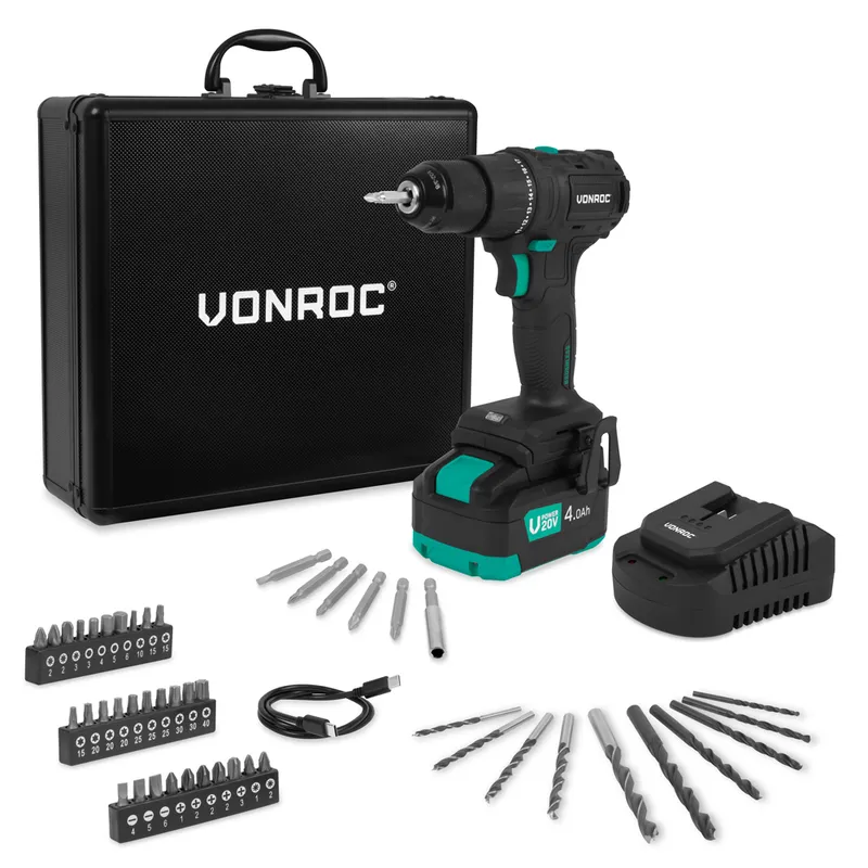 PRO Borrskruvdragare 20V - Kolborstfri motor - 40Nm | Inkl. 4.0Ah batteri, laddare och 46 tillbehör i premiumväska