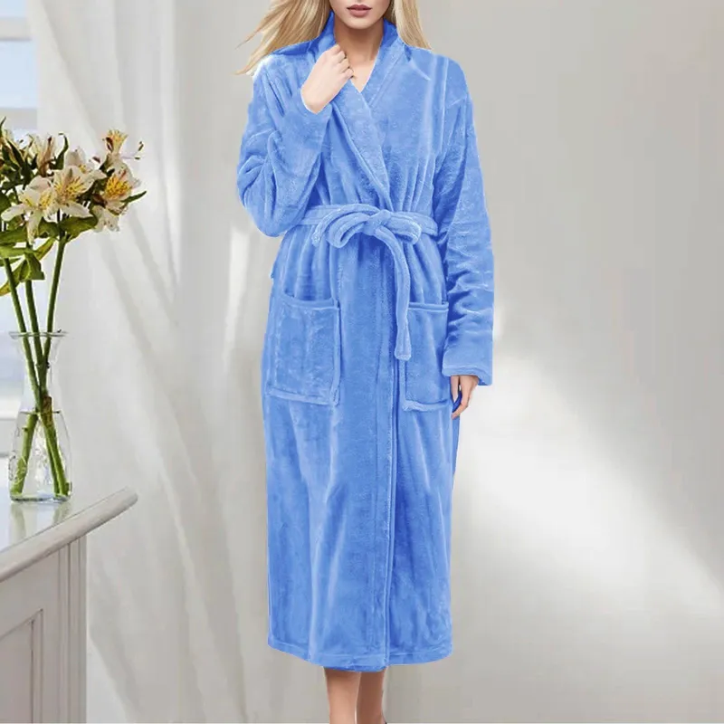 Tjock Varm Flanellrock Vinter Långärmad Plysch Badrock Kofta Dam Fleece Nattlinne Lounge Sovkläder Bad Hemkläder XL
