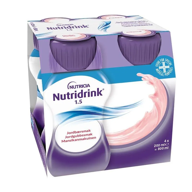 Nutridrink, jordgubb, energirikt, komplett kosttillägg 4 x 200 milliliter
