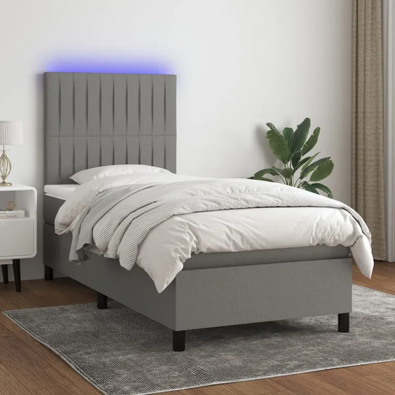 vidaXL Ramsäng med madrass & LED mörkgrå 90×190 cm tyg (#5226)