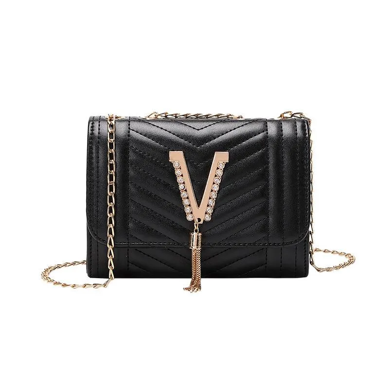 Trendy V-formet Liten Firkantet Veske med Diamanter, High-end Stripet Dameveske, Kjede Enkel Skulderveske, Allsidig Crossbody-veske 18.5*7*13cm Svart