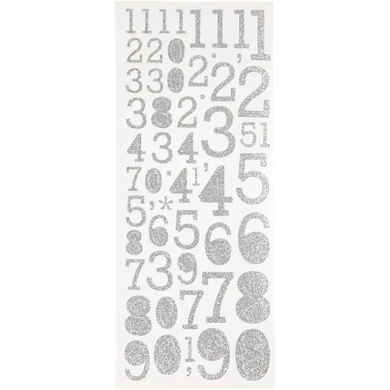 Glitterstickers Siffror, 10x24 cm, 2 ark, silver