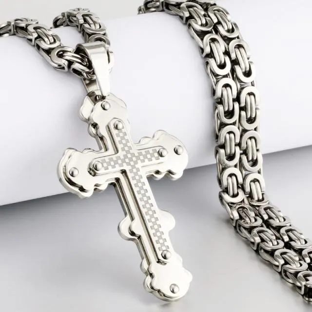 Heavy Duty Cross Pendant Halsband Herr Guld Rostfritt Stål Bysantinsk Kedja Herr Halsband 65cm (#6797)
