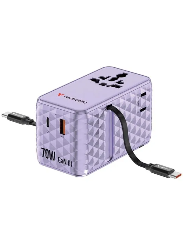 Verbatim Charge ’n’ Travel 70W 2C retractable Universal Travel Adapter - Purple