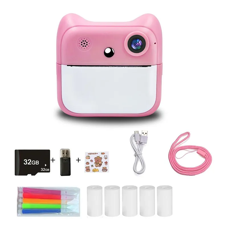Kids Instant Print Camera 2400W HighClear digitalkamera med 2,4IPS-skärm Cartoon Inkless Set B rosa