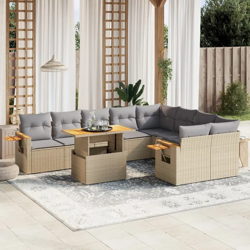 vidaXL Soffgrupp för trädgård med dynor 10 delar beige konstrotting (#4688)