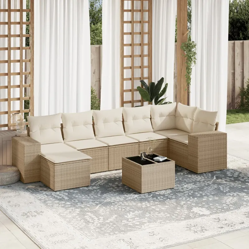 vidaXL Matgrupp för trädgården med dynor 8 delar beige konstrotting (#2004)